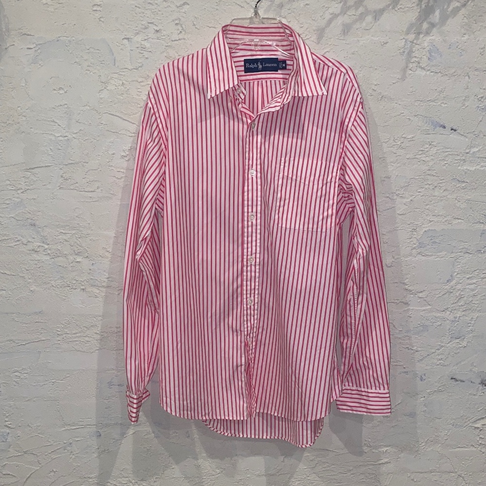 Men's Ralph Lauren Long Sleeve Button Down Shirt White/Pink Stripe Front Pocket